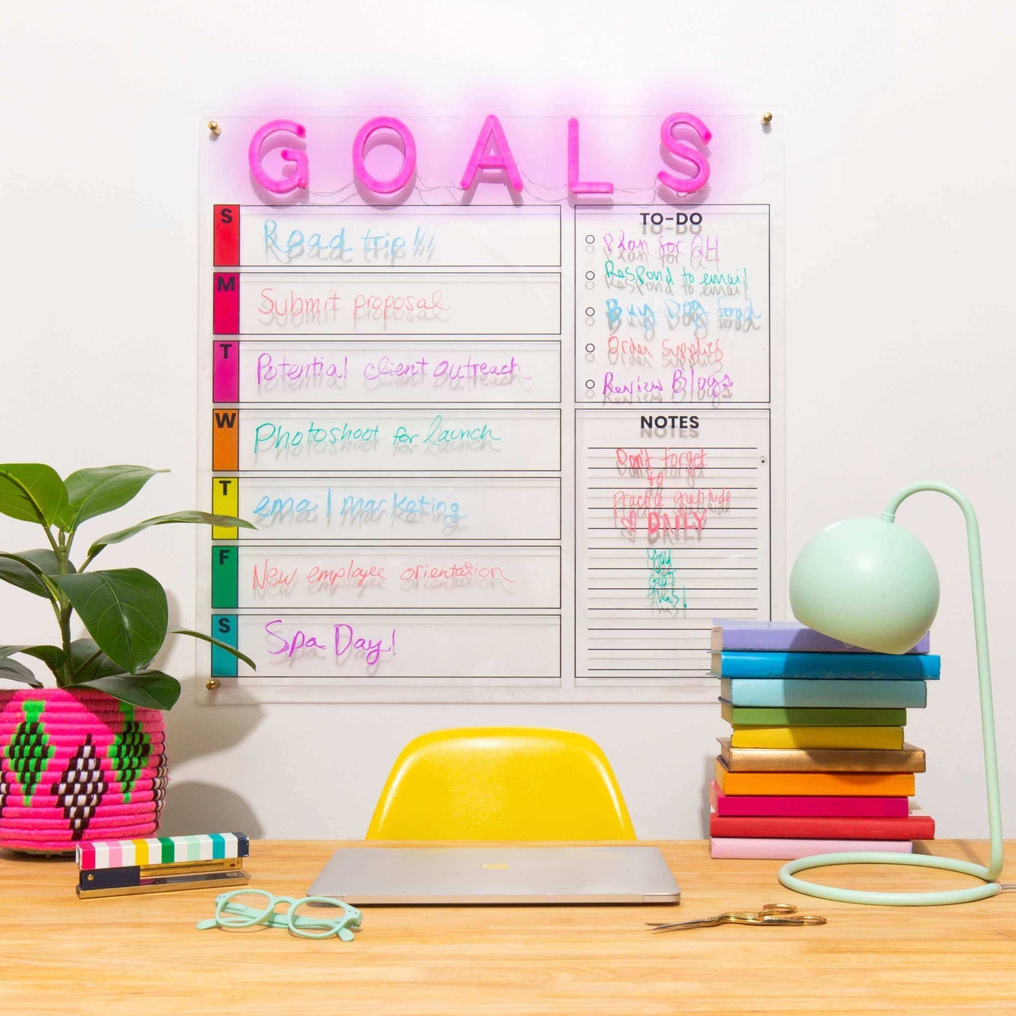 dry erase calendar with neon pink light