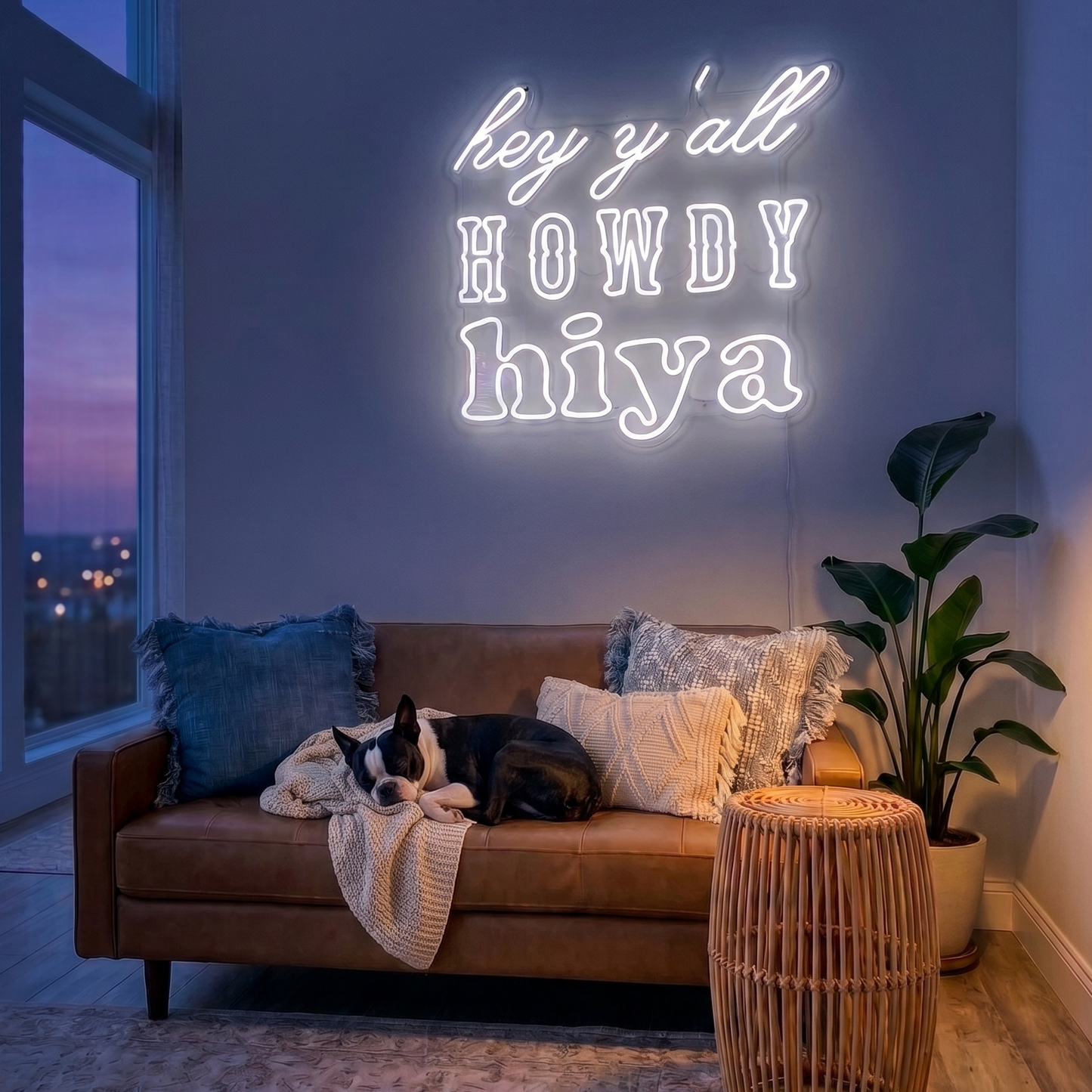 Neon sign with 'hey y'all howdy hiya' in a living room with a couch, dog, and plant.