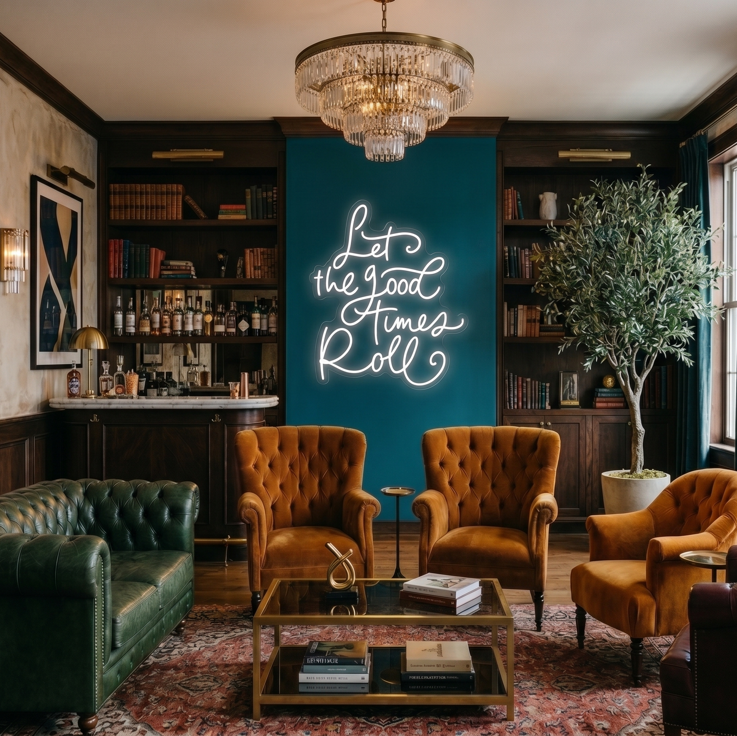 Neon sign reading 'Let the Good Times Roll' in a stylish living room with furniture and decor.