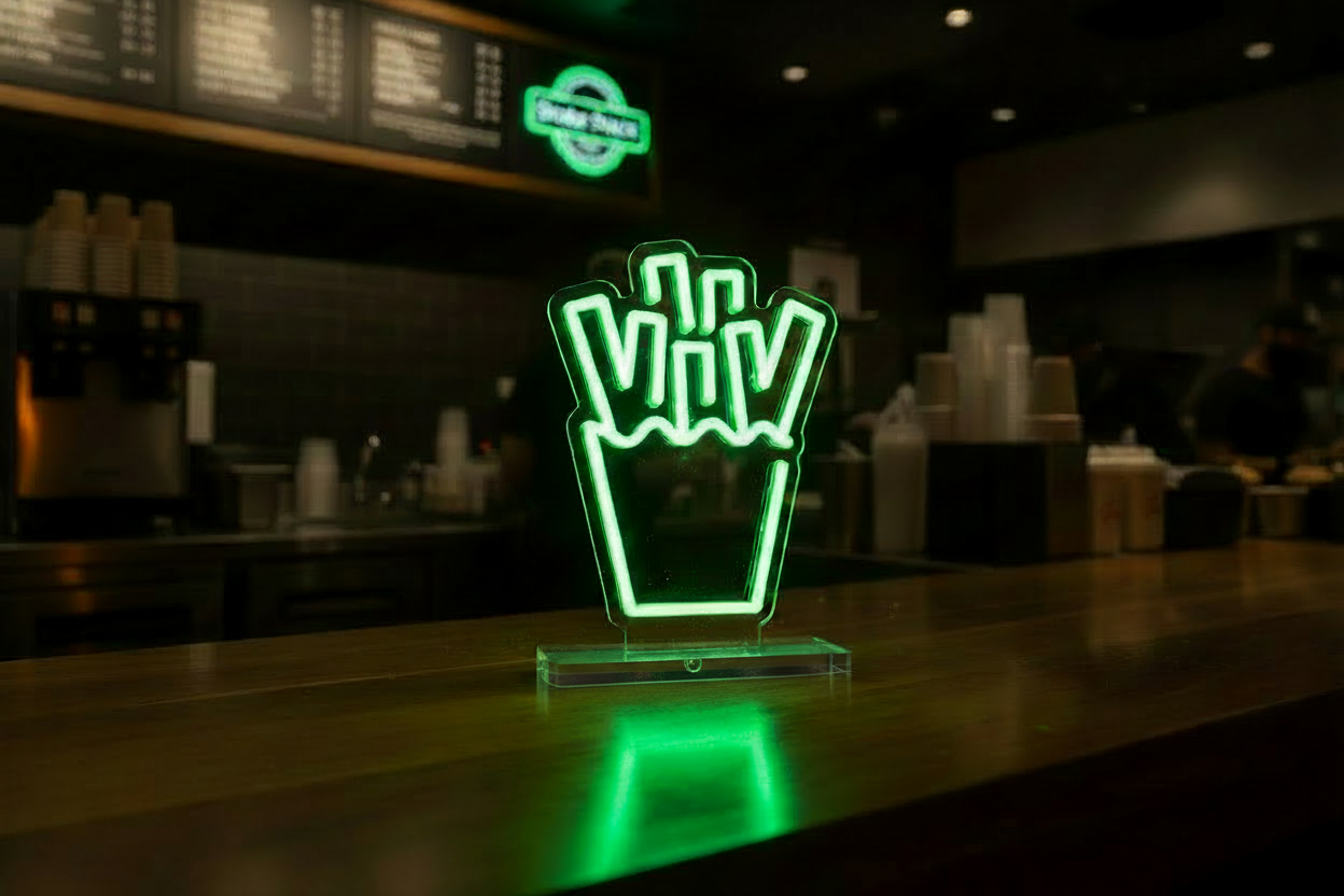 Shake Shack Fries green neon sign on clear acrylic base on counter