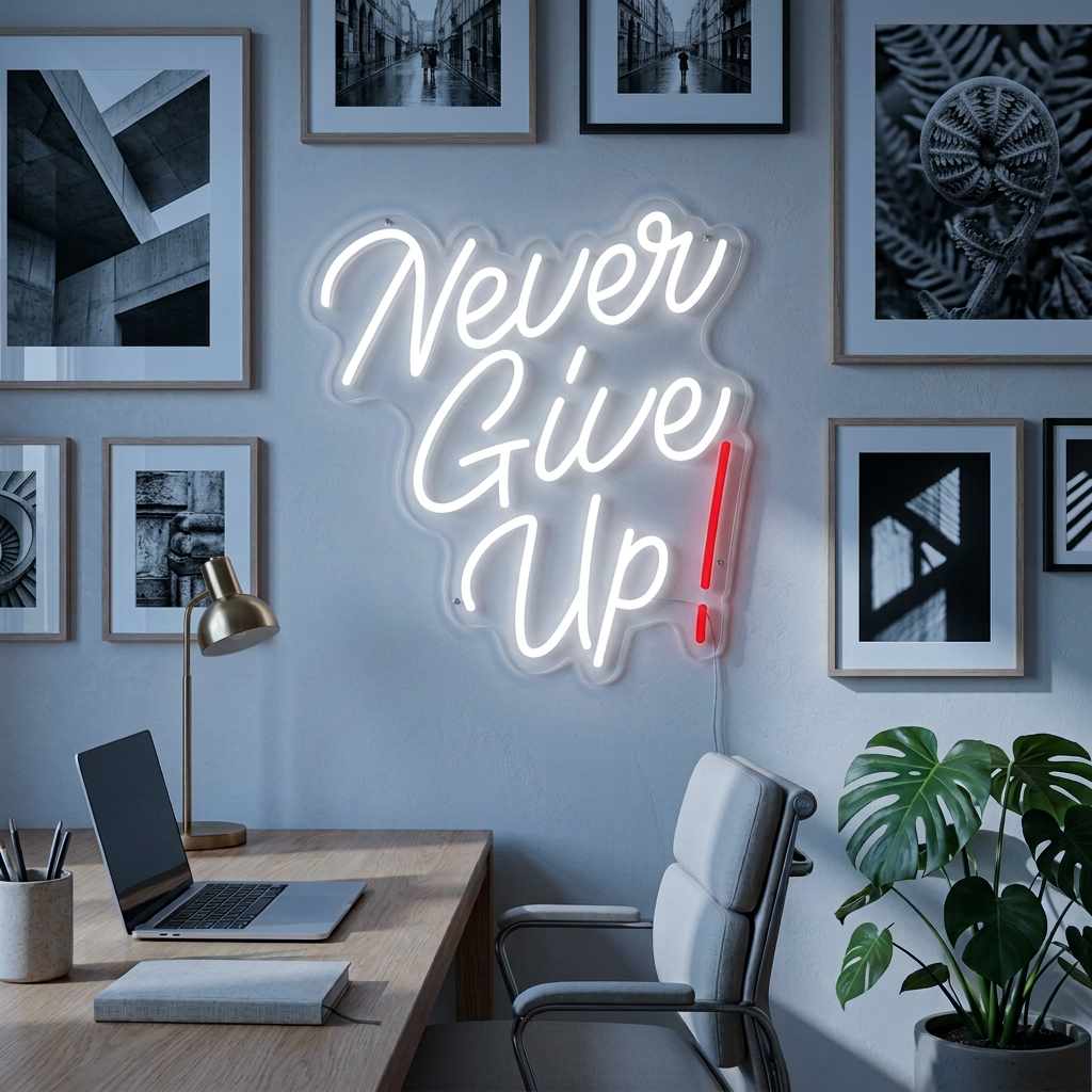 White and red Never Give Up LED neon sign illuminated on an office gallery wall with black-and-white photography at dusk.