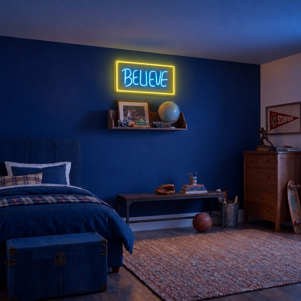 Blue Believe LED neon sign with a yellow border illuminated in a navy bedroom at dusk.