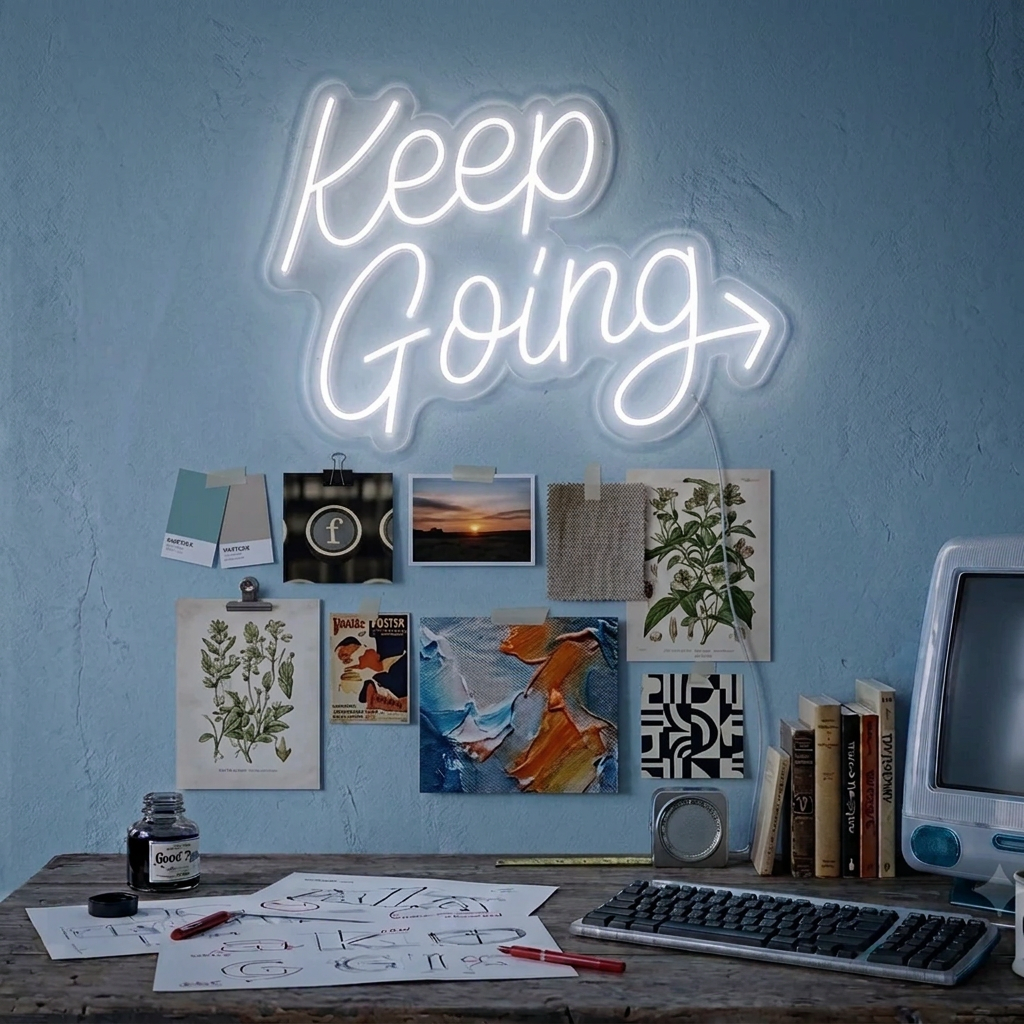 White Keep Going LED neon sign above a creative workspace at dusk.
