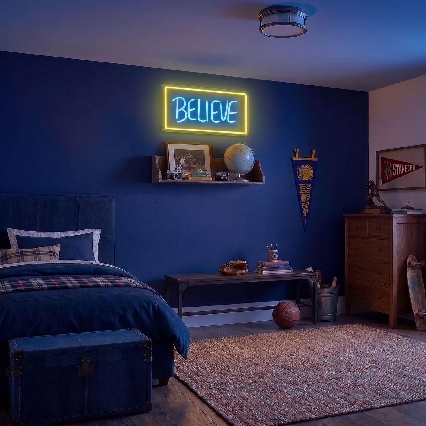 Neon 'BELIEVE' sign in a bedroom with decor elements.