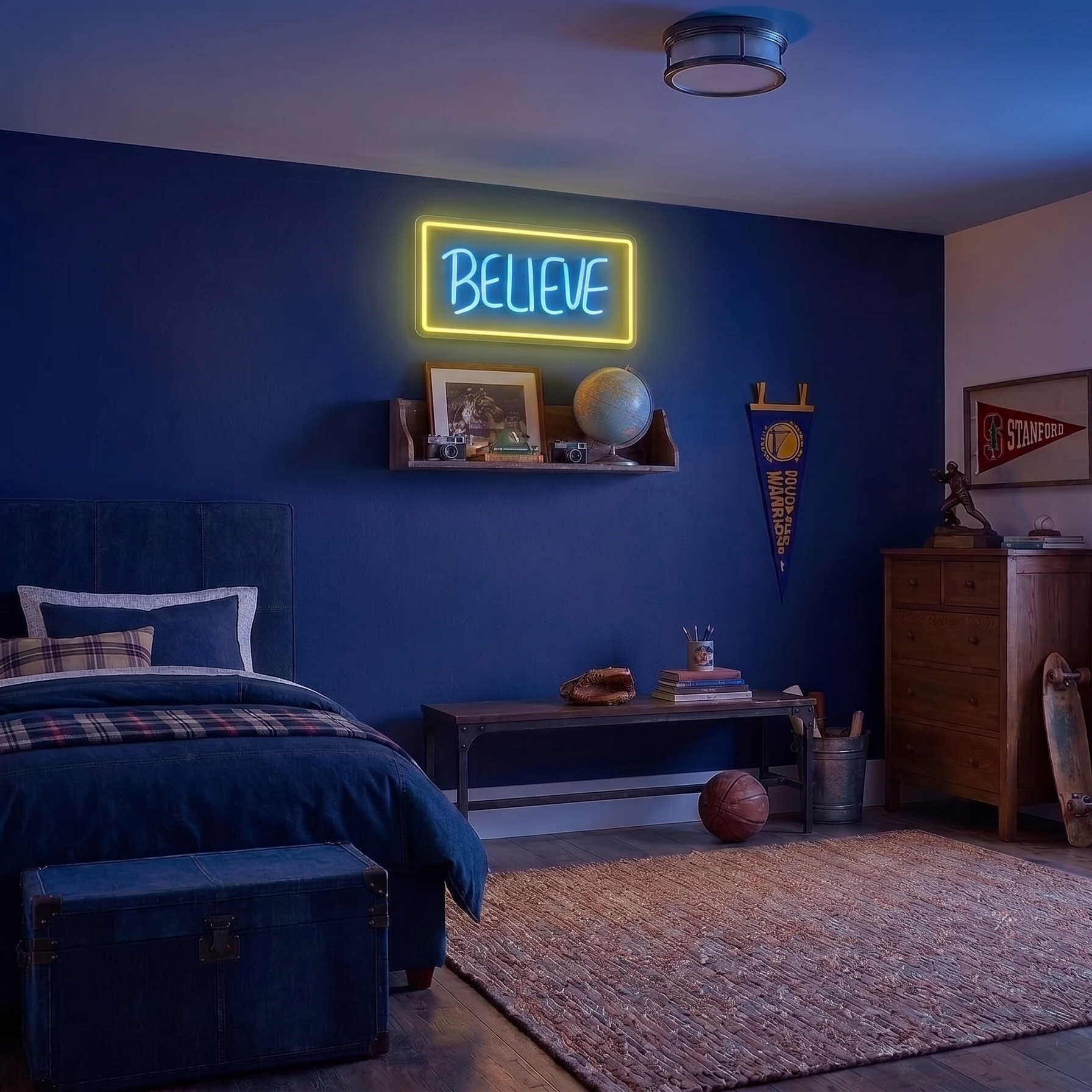 Neon 'BELIEVE' sign in a bedroom with decor elements.