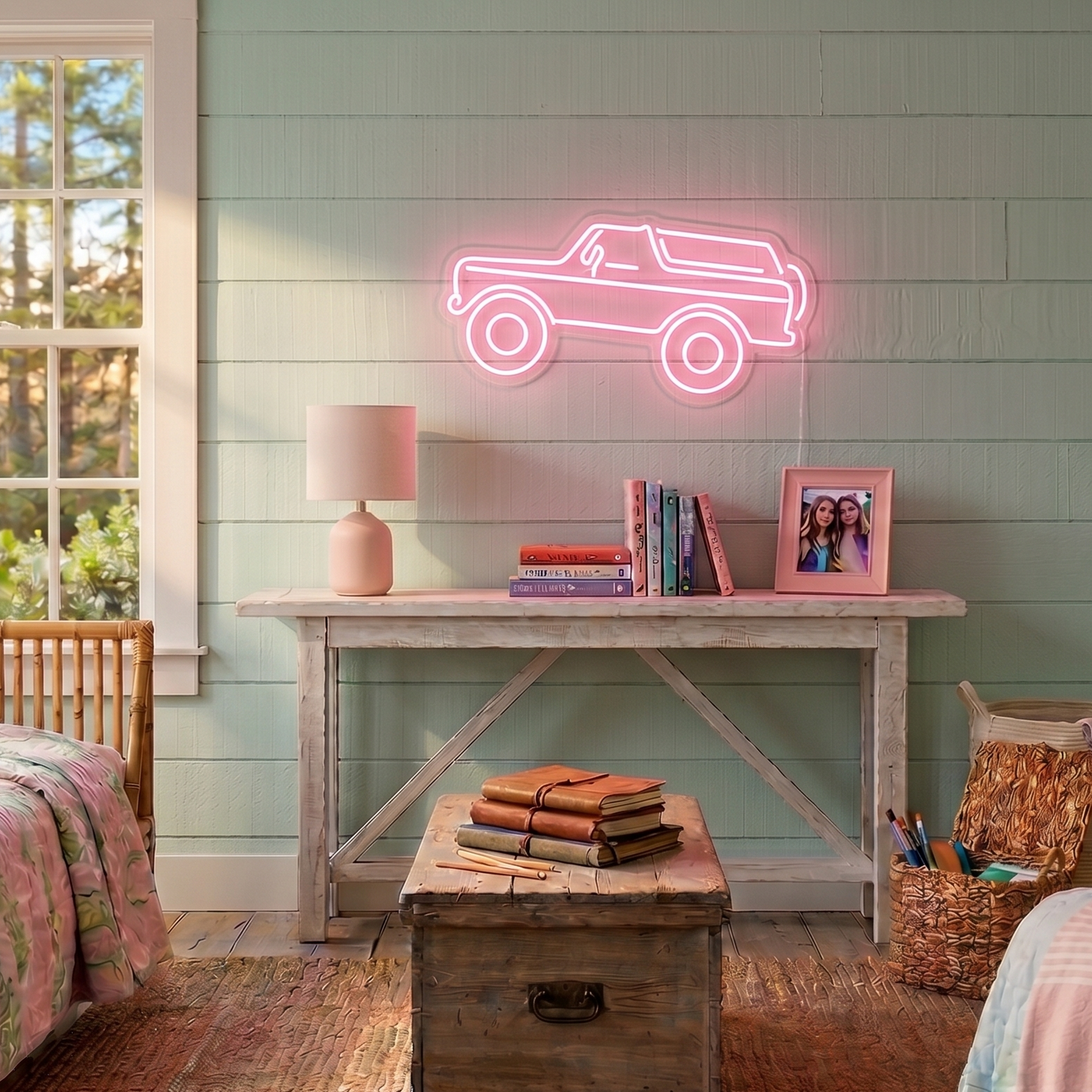 Neon sign of a classic Bronco in a room with wooden furniture and decor.