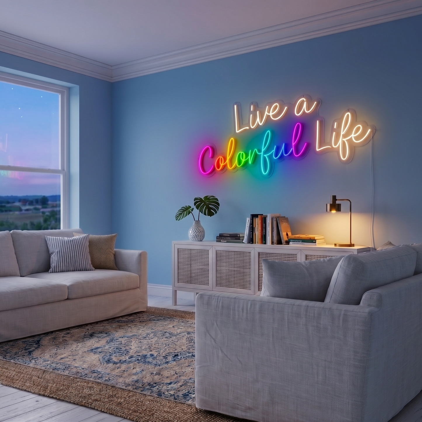 Neon sign reading 'Live a Colorful Life' in a living room with blue walls and a couch.