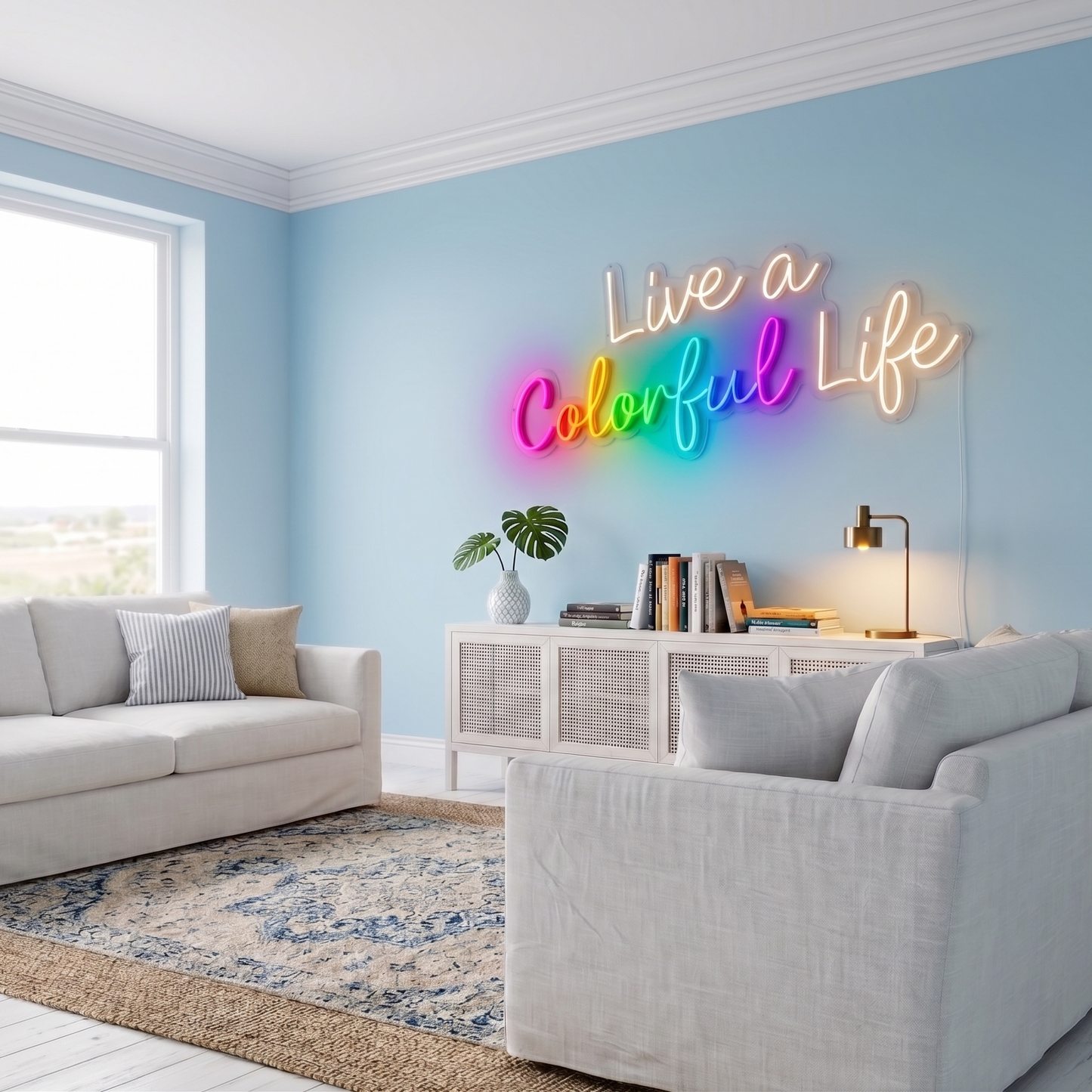 Living room with a 'Live a Colorful Life' neon sign on a light blue wall.