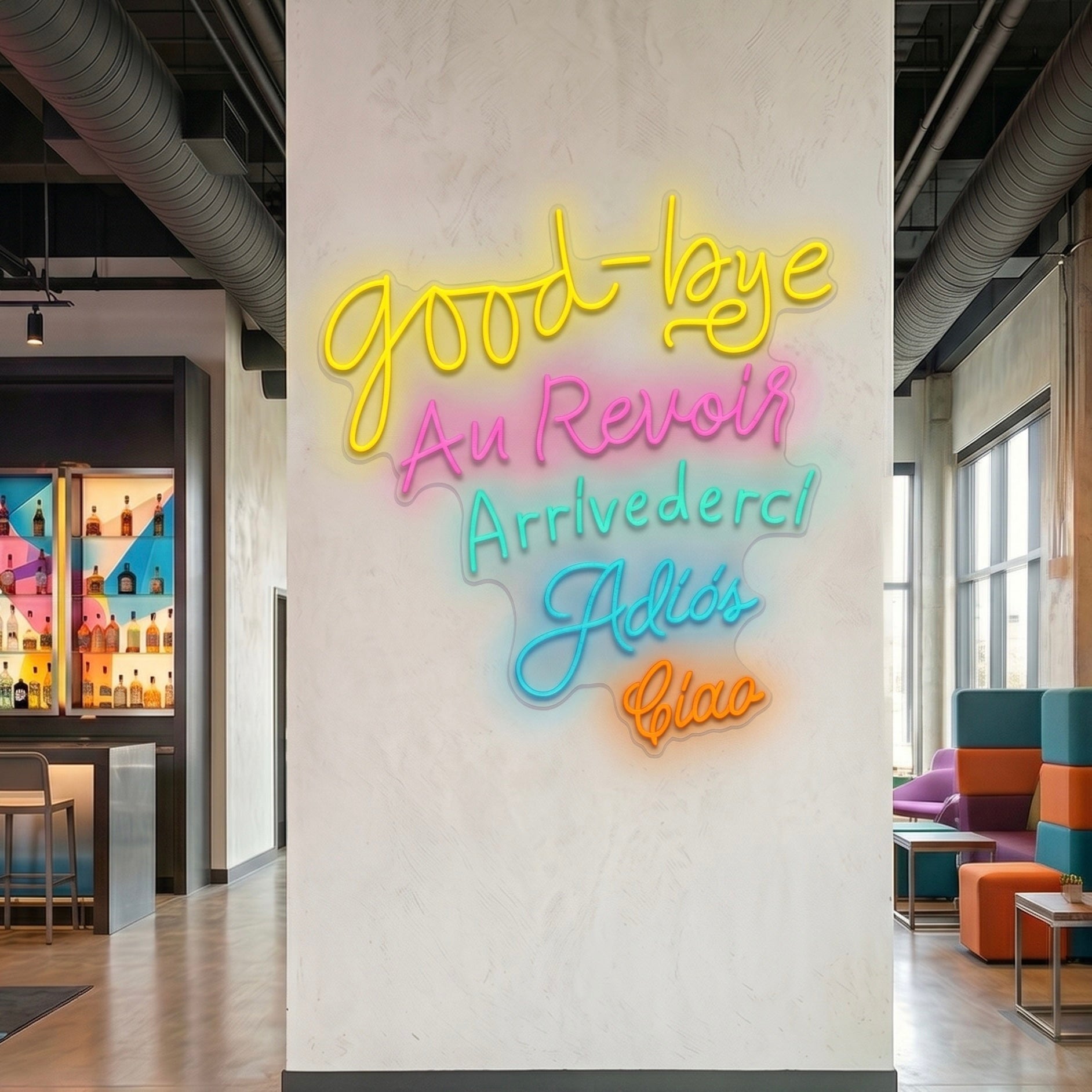 Neon sign on a wall with colorful text in an indoor setting