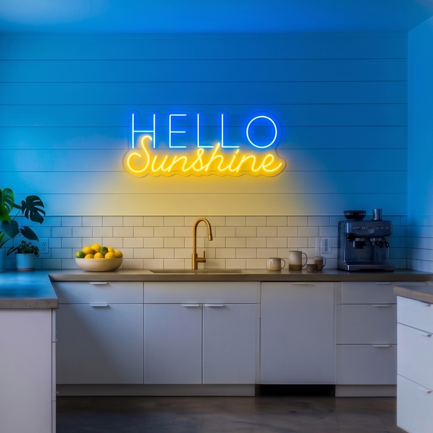 Neon sign that says 'HELLO Sunshine' in a modern kitchen.