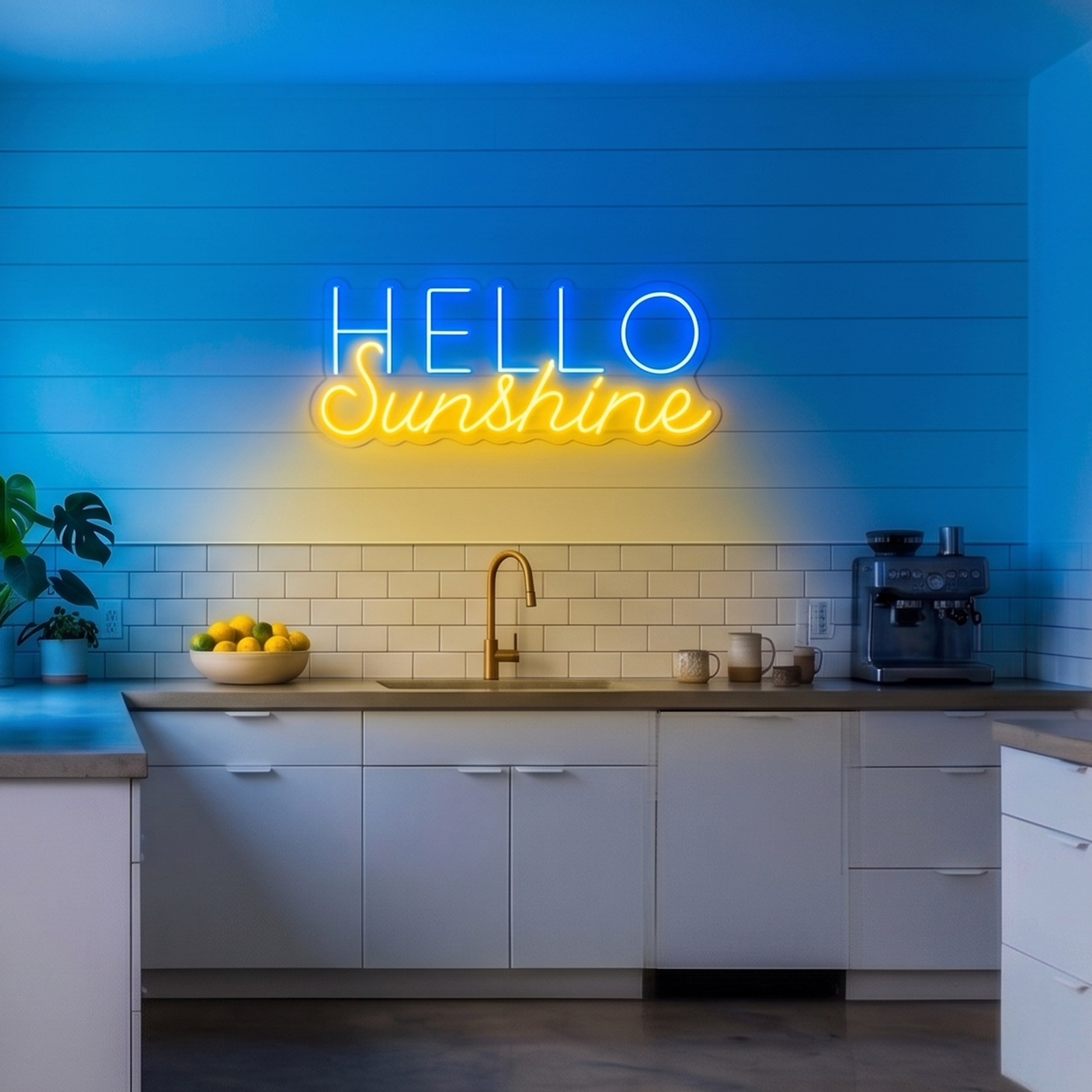 Neon sign that says 'HELLO Sunshine' in a modern kitchen.