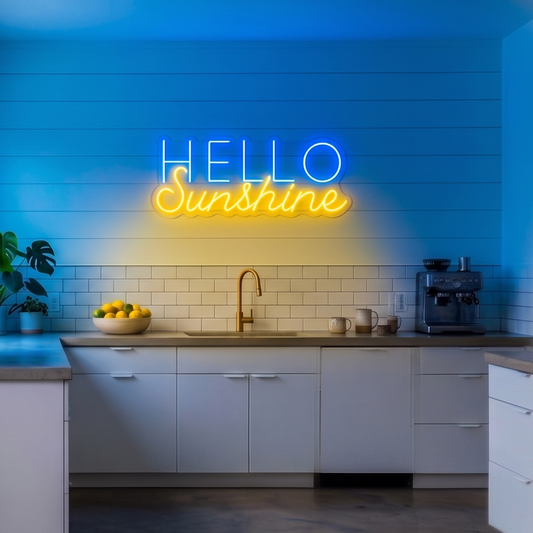 Neon sign that says 'HELLO Sunshine' in a modern kitchen.