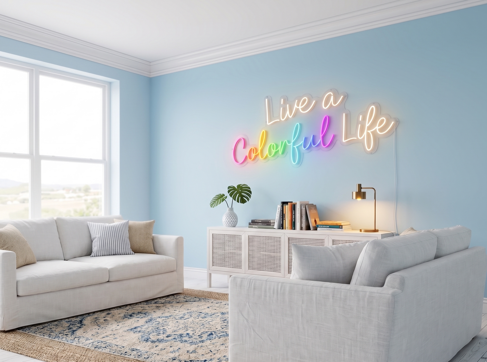 Modern living room with 'Live a Colorful Life' LED neon sign on a light blue wall.