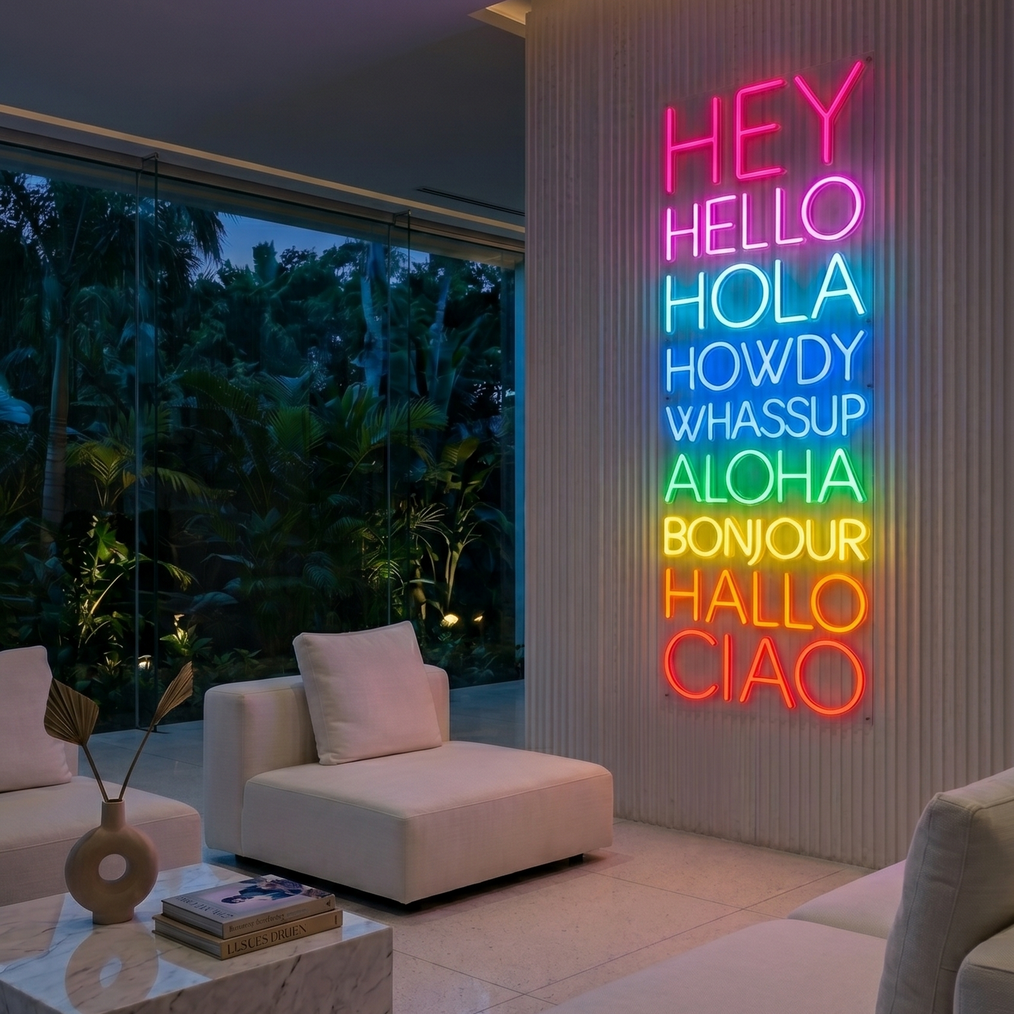 Neon sign with multiple languages in a modern living room