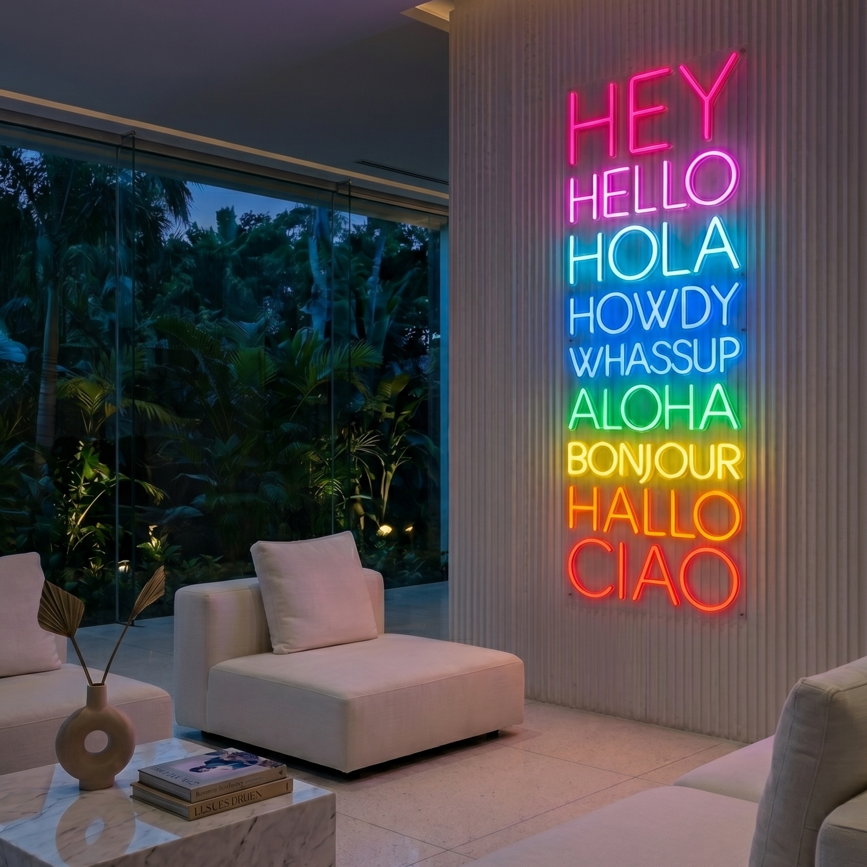 Neon sign with multiple languages in a modern living room