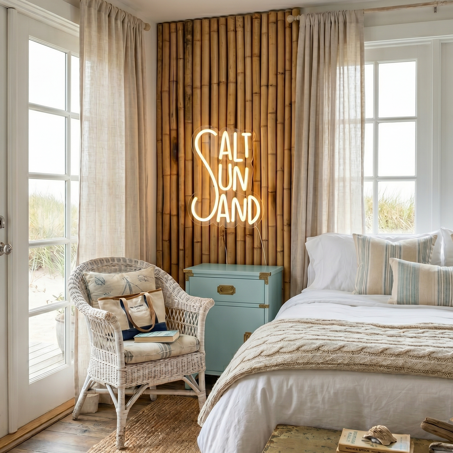 Neon sign reading 'Salt Sun Sand' in a bedroom with a bed, chair, and large windows.