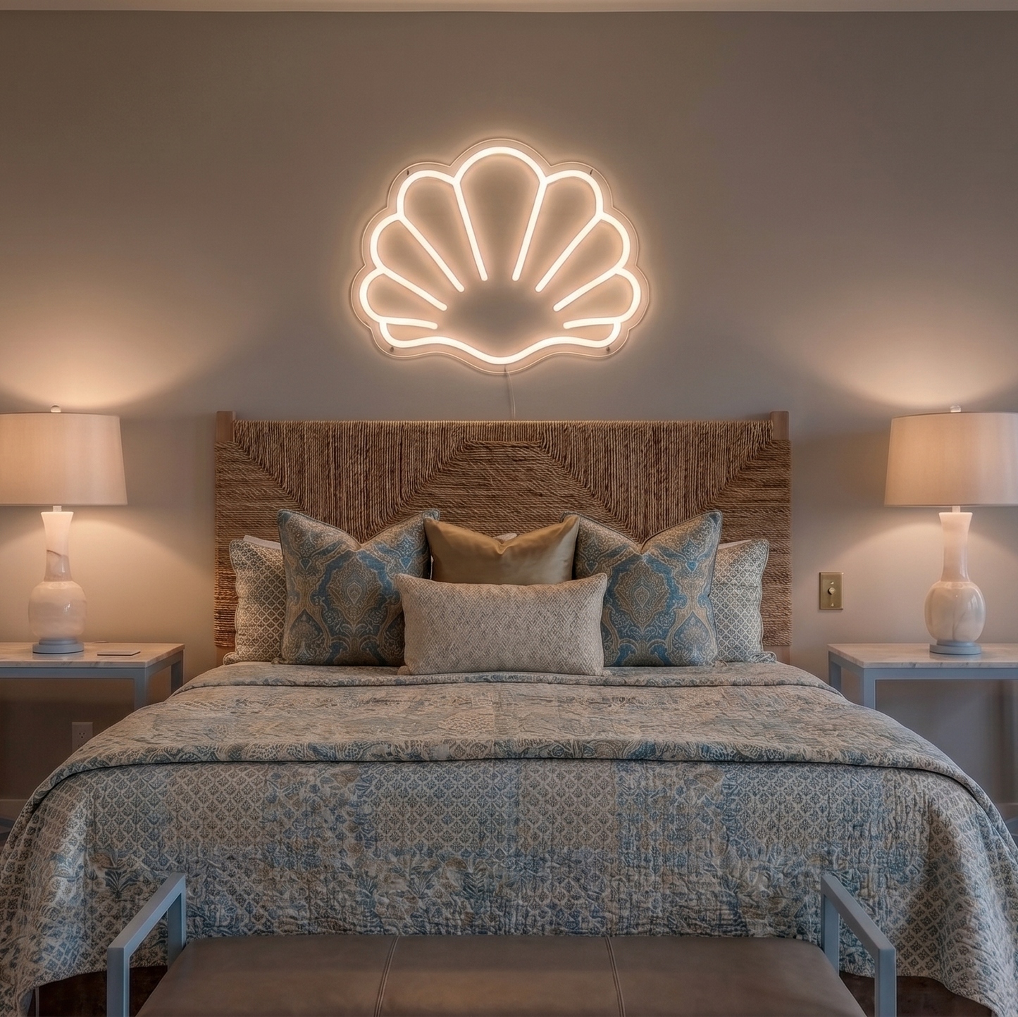 Neon shell light above a bed in a bedroom setting