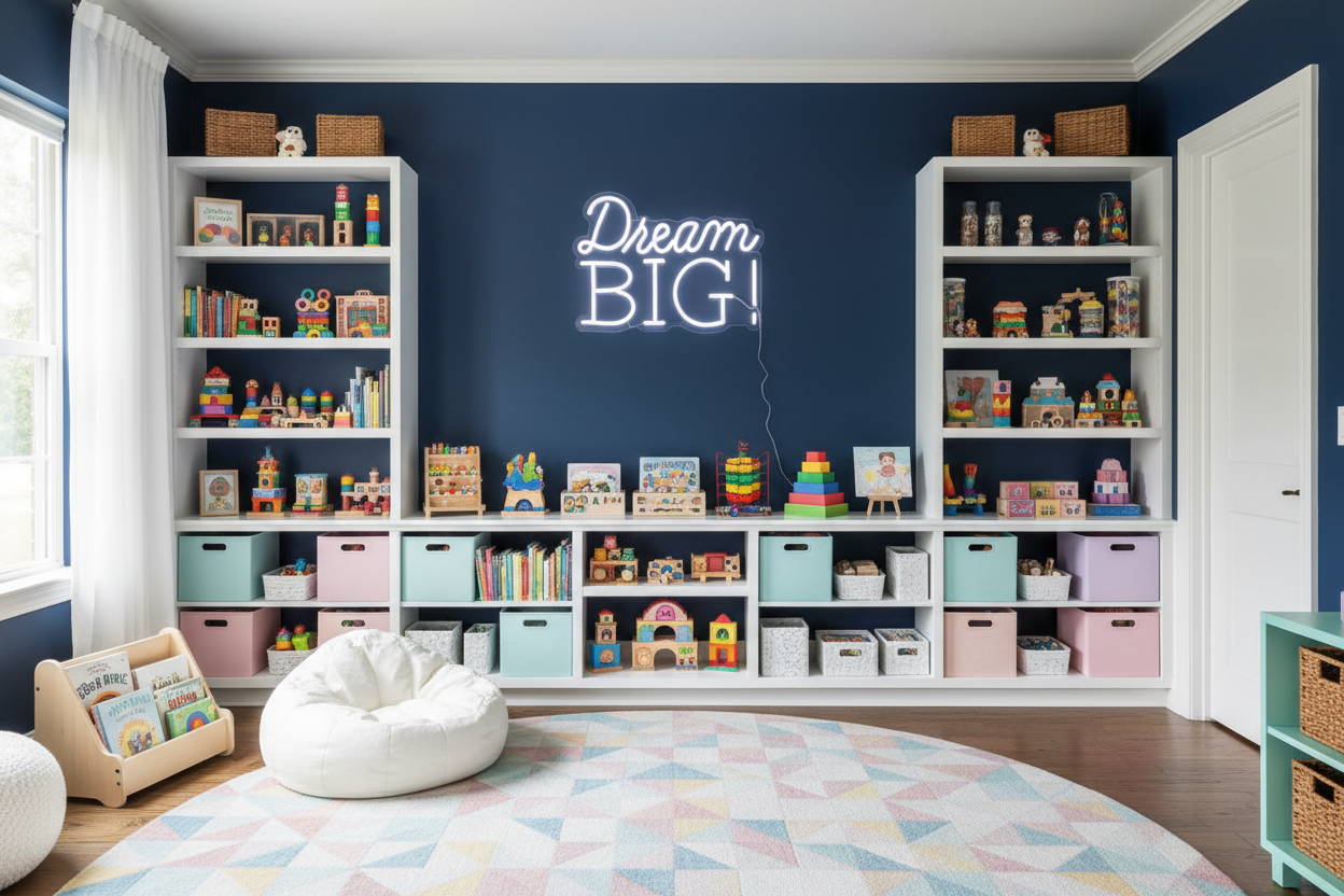 Dream Big! White Neon Sign in Kids Playroom