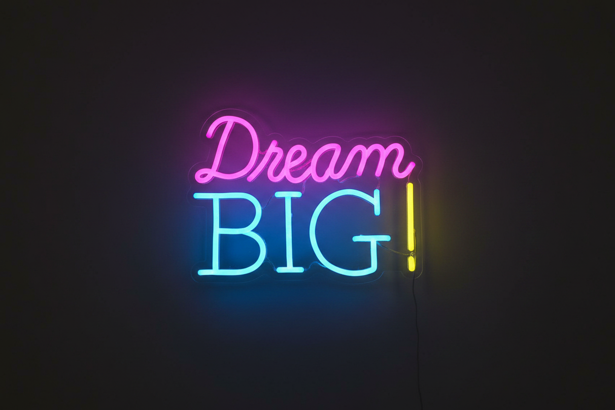 DREAM BIG! color neon sign on a dark charcoal background, clean product photo