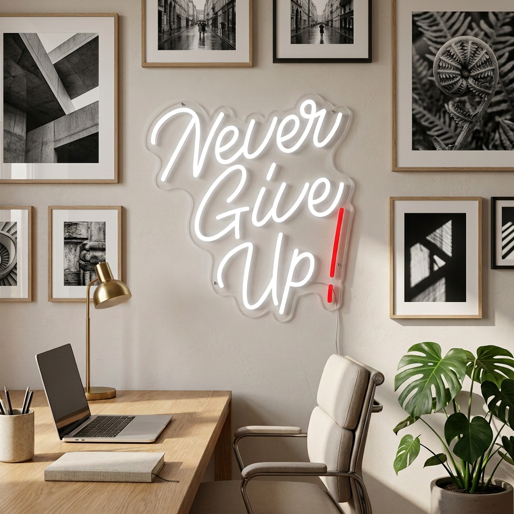 White and red Never Give Up LED neon sign on an office gallery wall with black-and-white photography in daylight.