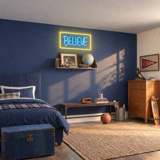 Blue Believe LED neon sign with a yellow border in a navy bedroom at dawn.