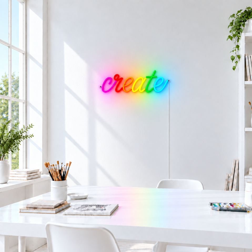 Rainbow Create LED neon sign on a white wall in a modern creative studio, daytime view.