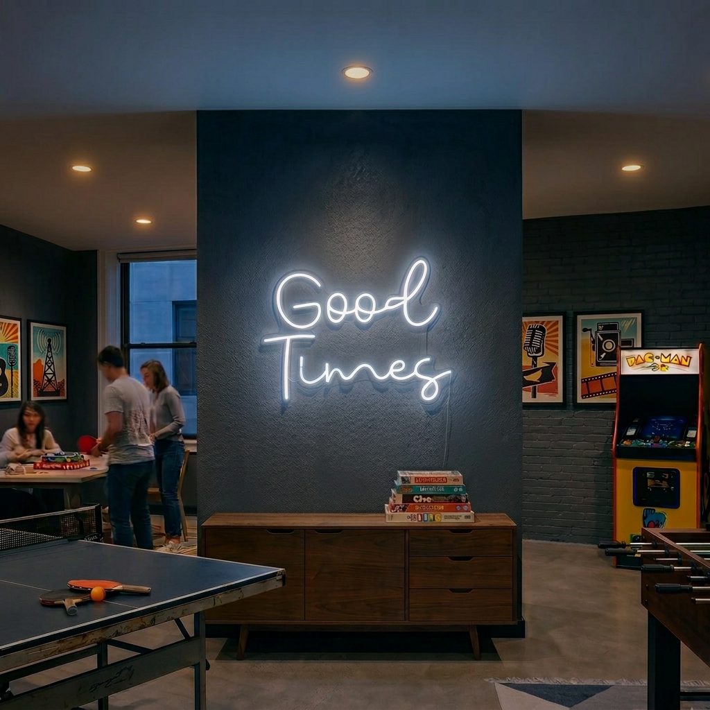 White Good Times LED neon sign illuminated in a game room at dusk with table tennis and an arcade machine.