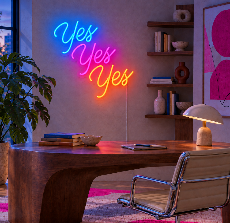 Blue, hot pink and orange Yes Yes Yes LED neon sign illuminated at dusk in a design-inspired creative office with pink accents.