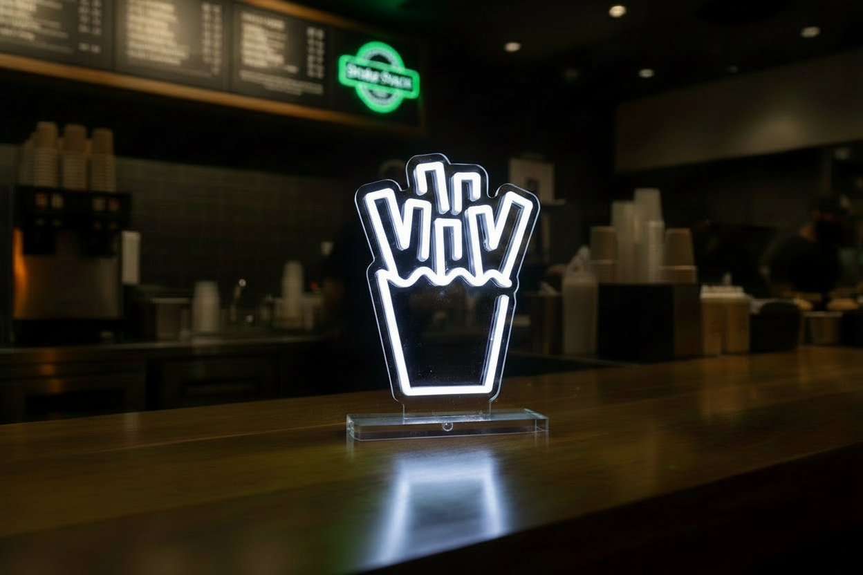 Shake Shack Fries bright white neon sign on clear acrylic base on counter