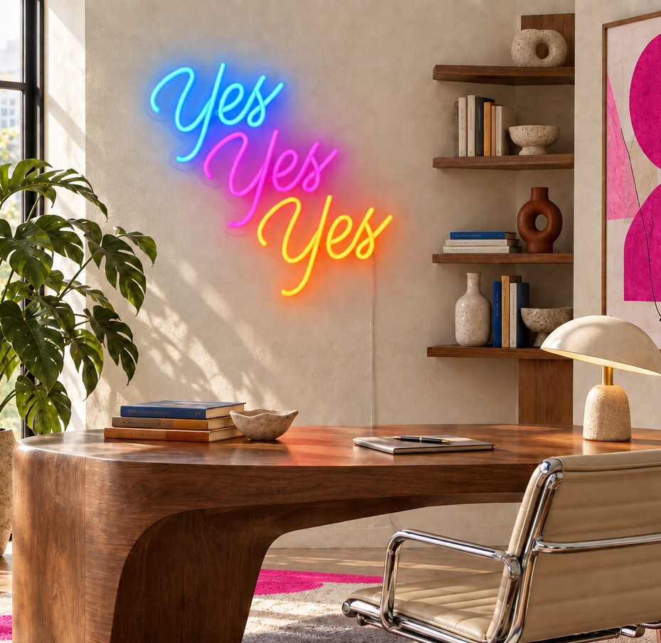 Yes Yes Yes office with coordinated pink accents in the rug and artwork